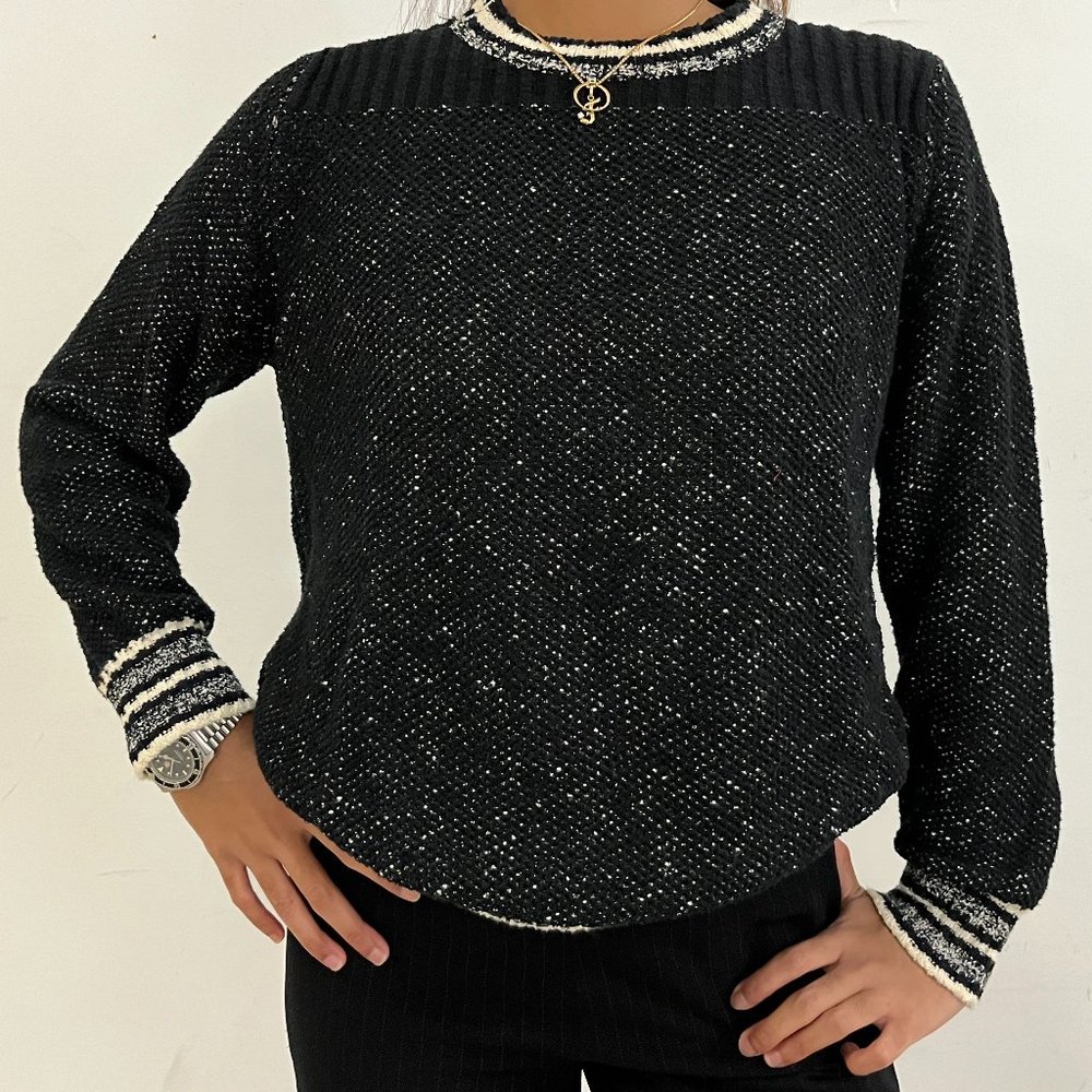 Maje Womens Striped Trim Crew Neck Sweater Black White Size 2